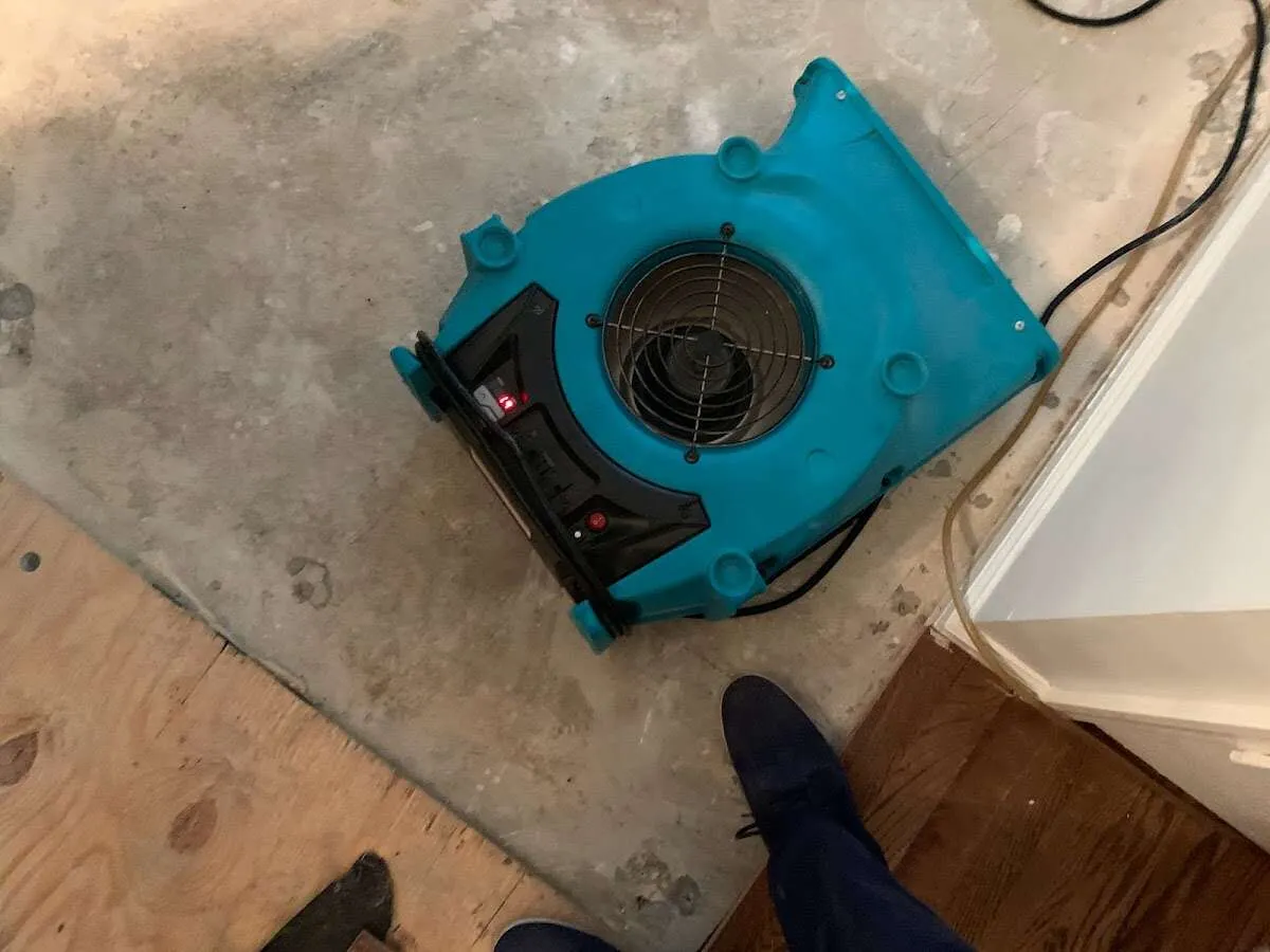 Air mover drying subfloor during Commercial Water Damage Restoration in Nashville